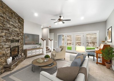 A rendering of a living room with a stone fireplace.